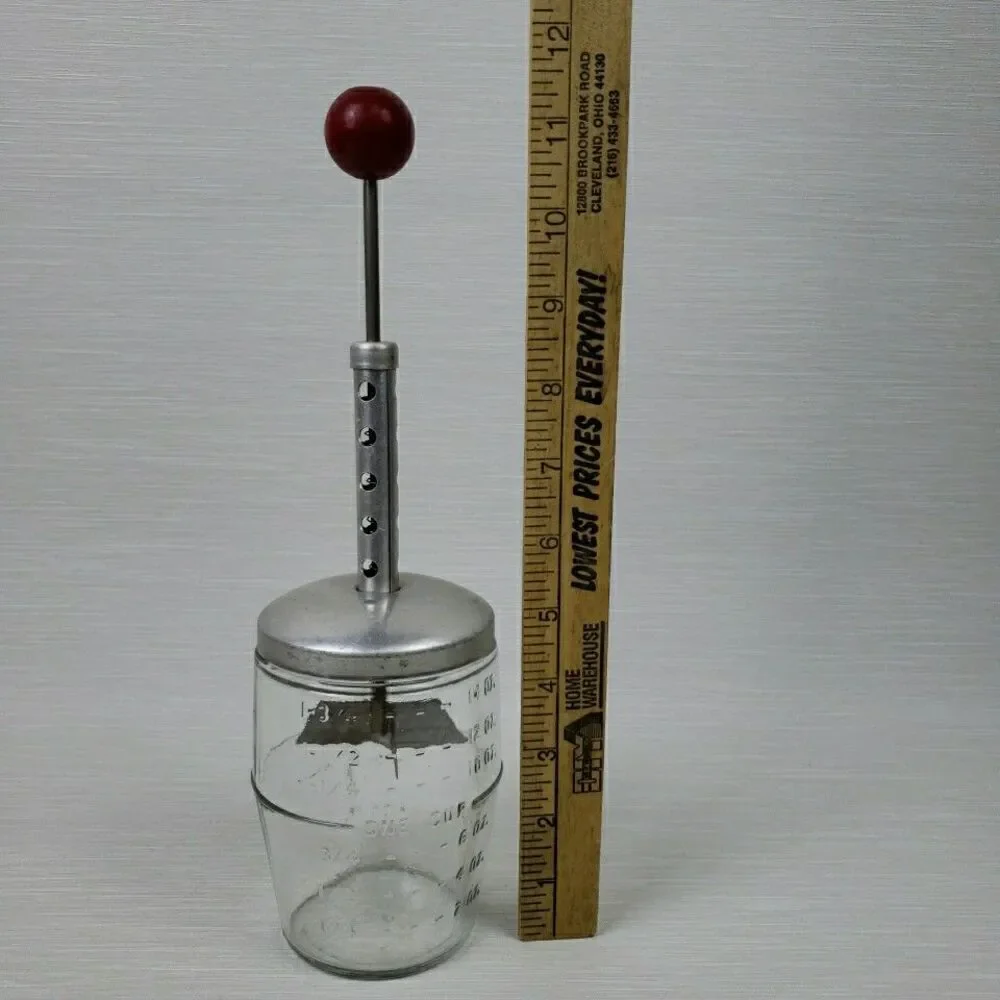 Vintage 14 oz Nut Chopper Red Wood Knob Glass Jar MCM Kitchen Gadget